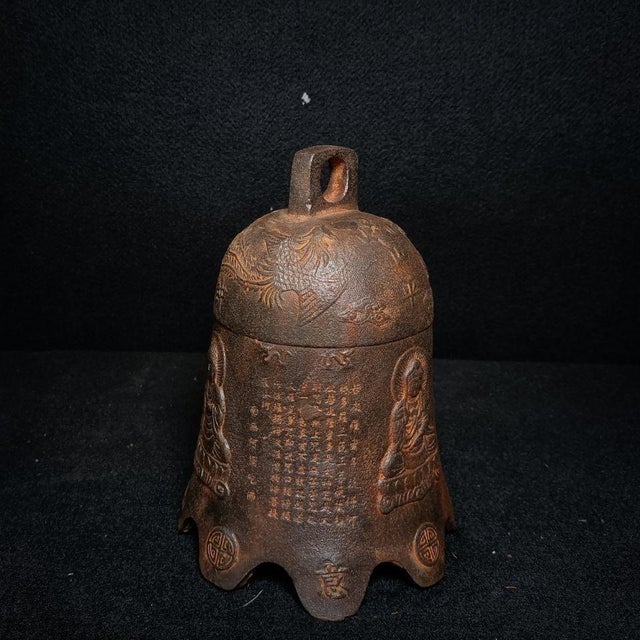 Cast Iron Dragon & Phoenix Auspicious Peace Bell, Chinese Feng Shui Hanging Bell, “Good Fortune & Harmony” Symbolic Decor For Sale - Image 4 of 6