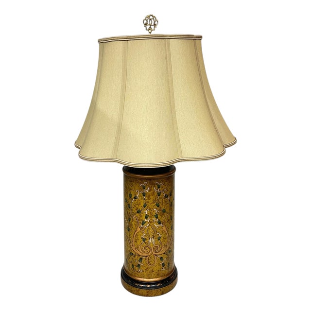 Vintage Wildwood Wood Body Hand Painted Italian Toile Design Lamp, Original Scalloped Edge Shade For Sale