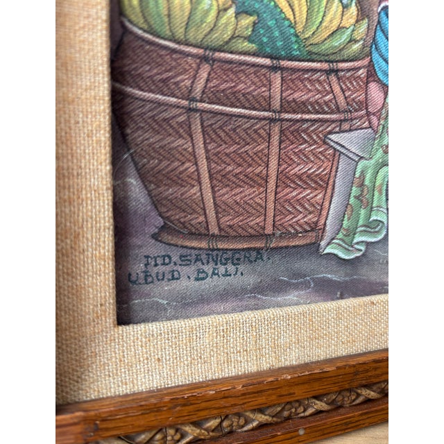 Vintage Framed Balinese Traditional Painting in the Ubud Style of Market Scene by Artist: m.d. Sanggra For Sale - Image 4 of 4