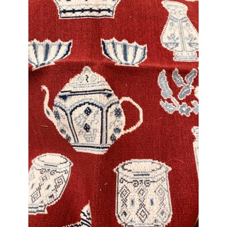 Vintage Brunschwig and Fils Blue & White Teapots on Red Needlepoint Fabric, 1/2 Yard For Sale