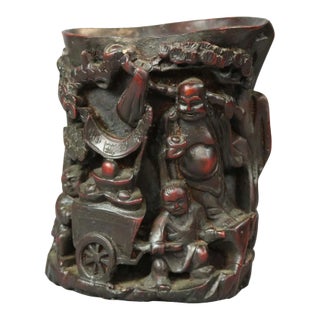 Antique Chinese Carved-In-Relief Resin Genre Scene Libation Cup For Sale