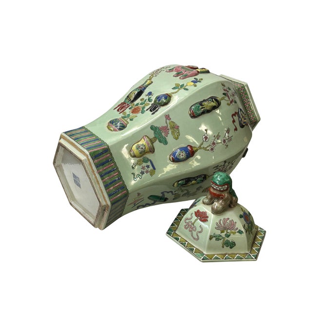 Vintage Chinese Light Celadon Green Relief Motif Hexagonal Porcelain Jar For Sale - Image 13 of 13