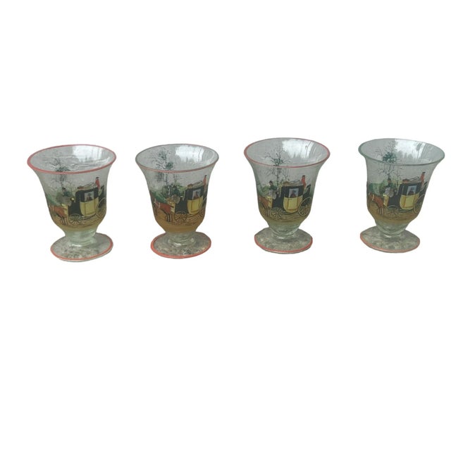 Set of 4 vintage Bullicante cordial glasses . Horse and carriage scene with driver and coachman on one side - tree on the...