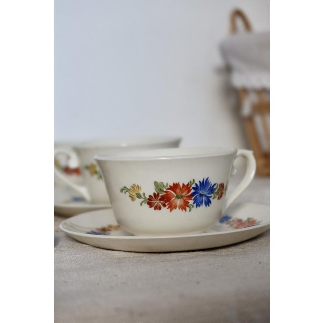 Ceramic Earthenware Tea Cups and Saucers with Polychrome Floral Patterns from Royal Sphinx, Maastricht, Belgium, Set of 6 For Sale - Image 7 of 9