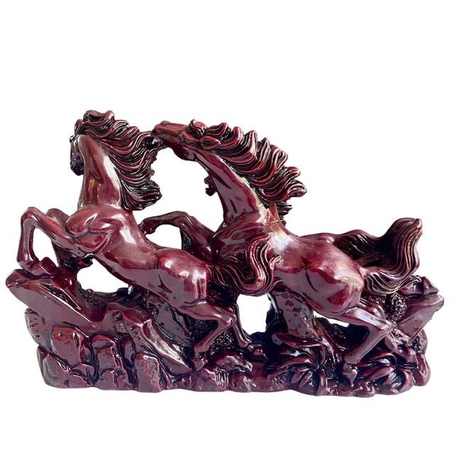 VintageRed Running Horses Sculpture, Large Chinese Lucky Stallions Sculpture, Feng Shui Decor For Sale - Image 4 of 10