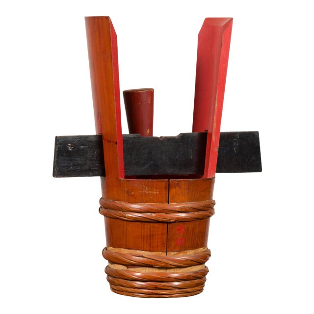 Japanese Vintage Grain Storage Jug with Red Lacquer and Calligraphy Decor For Sale