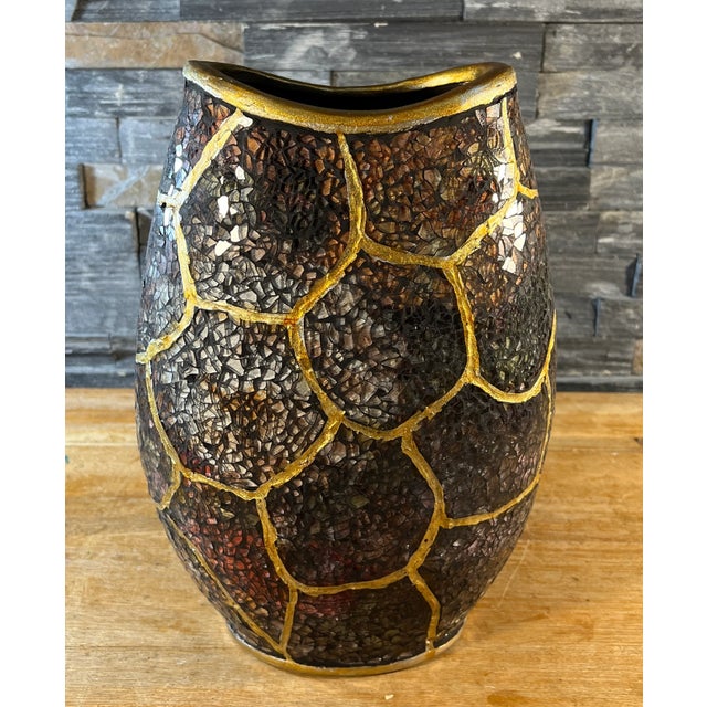 Brown Vintage Ceramic and Glass Mosaic Tortoise Shell Design Vase For Sale - Image 8 of 12