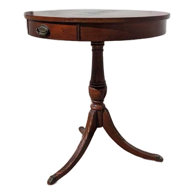 Mid-Century Mersman Round Wood Pedestal Side Table With Drawer For Sale
