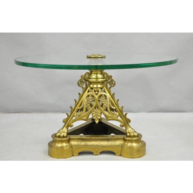 Antique French Empire Renaissance Revival Bronze Paw Foot Pedestal Base Round Glass Top Coffee Table. Item features a...