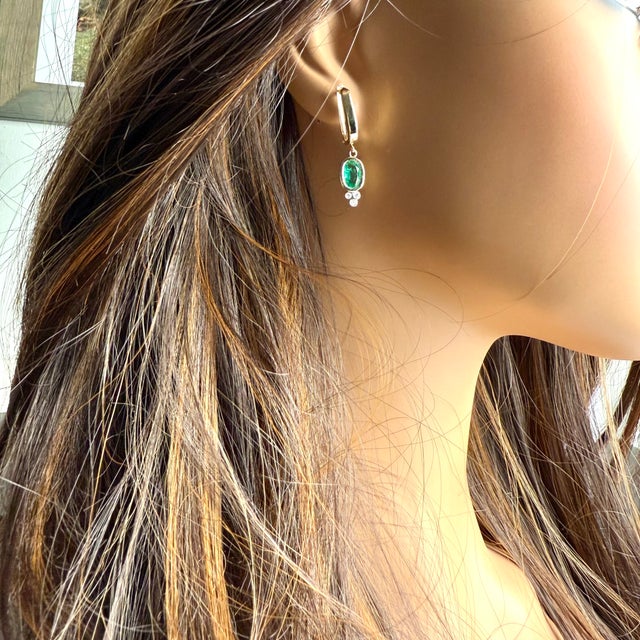 Green 14k Yellow Gold Oval Emerald and Diamond Drop Earrings With European Lever Backs, A Pair For Sale - Image 8 of 10