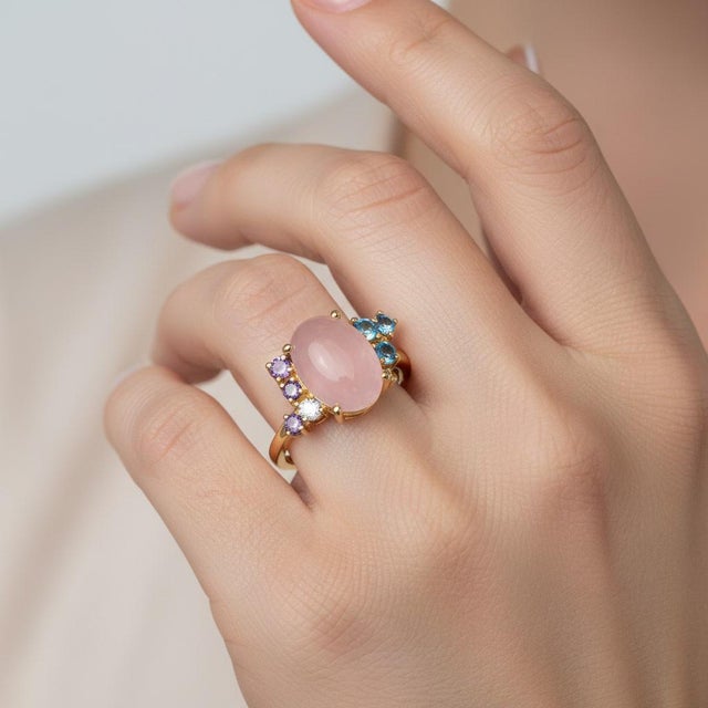 Rose Quartz Multicolor Ring in 14k Gold, Size 7.5 For Sale - Image 6 of 12