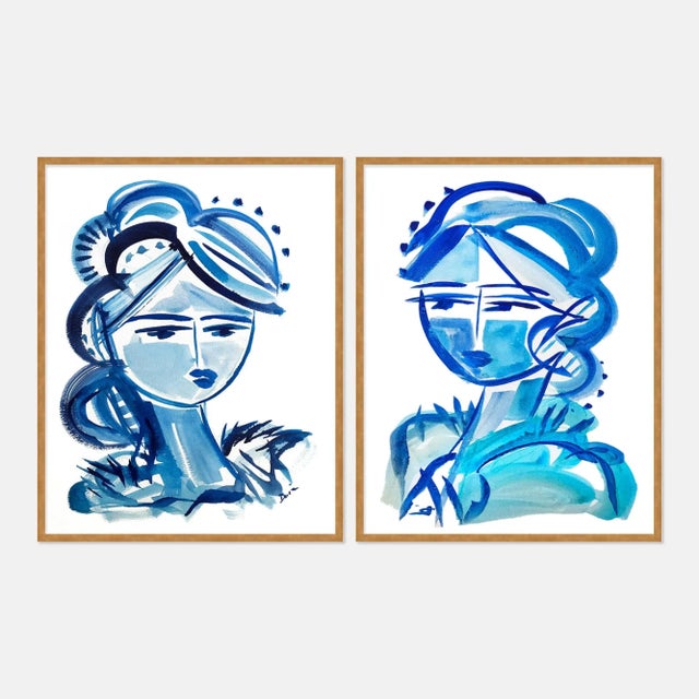 Contemporary Blue Girls Diptych by Maren Devine in Gold Frame, XS Art Print For Sale - Image 3 of 3