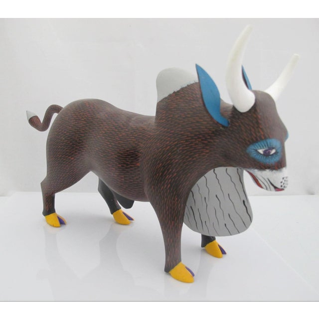 Wood Alebrije Oaxaca Mexico Morales Folk Art Carved Wood Bull Figurine Sculpture For Sale - Image 7 of 11