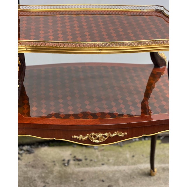 French 1960s Parquetry Two Tier Tea Table For Sale - Image 3 of 6