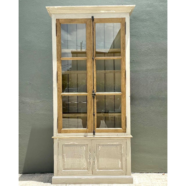 Farmhouse Vintage Distressed Wood and Glass Tall Cabinet For Sale - Image 3 of 14