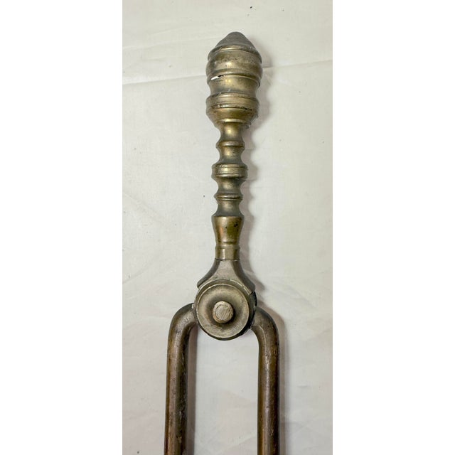 English Antique 18th Century Wrought Iron Turned Brass English Fireplace Tongs Tool 2 For Sale - Image 3 of 10