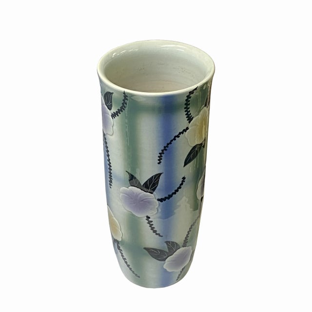 Artistic Flower Blue Green Checker Cross Porcelain Tall Slim Round Vase For Sale In San Francisco - Image 6 of 6
