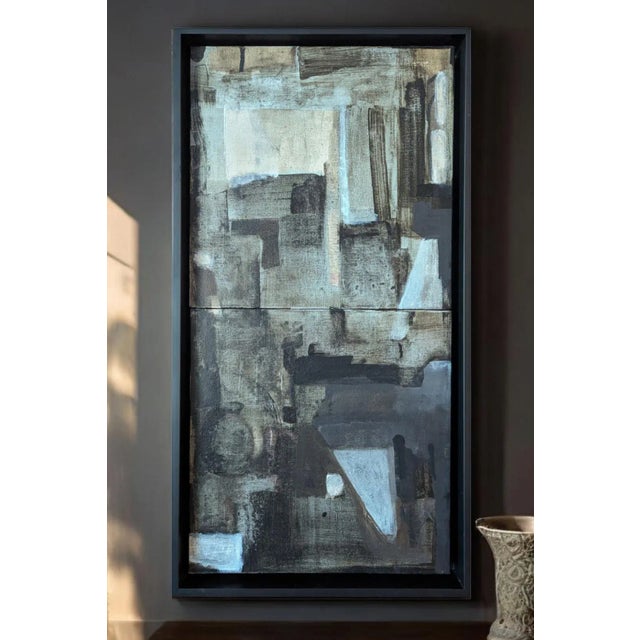 2 - 12" x 12" canvases, attached vertically creating a 12" x 24" + black float frame abstract diptych with black, white...