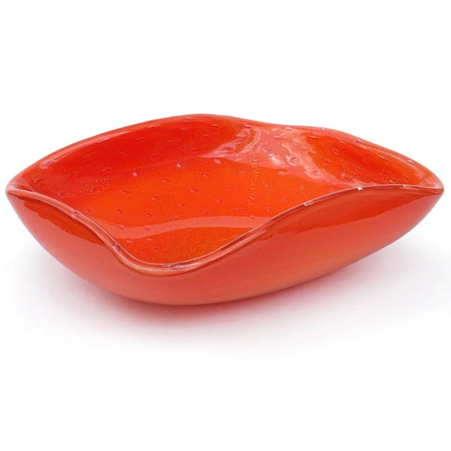 Beautiful vintage Murano hand blown persimmon orange, controlled bubbles and gold flecks Italian art glass centerpiece...
