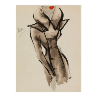 Vintage French Fashion Art Print – Brown Coat Illustration With Red Lips, 24" X 32" For Sale