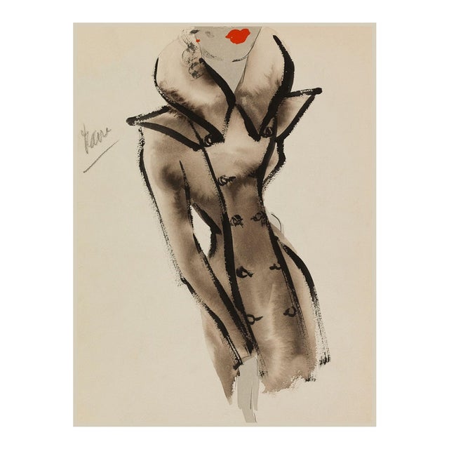 Vintage French Fashion Art Print – Brown Coat Illustration With Red Lips, 24" X 32" For Sale