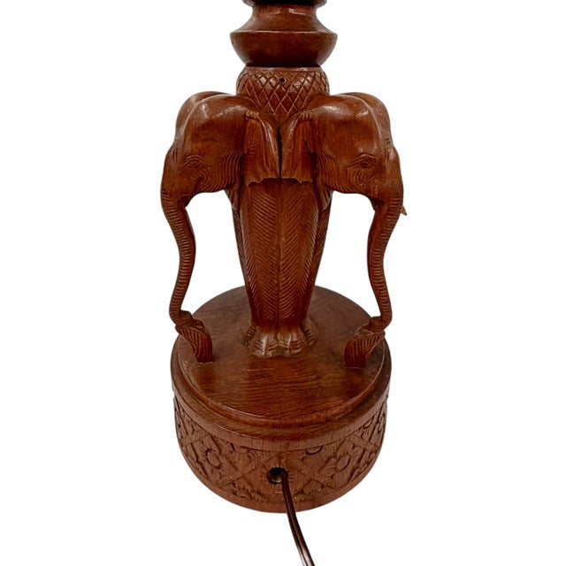 1960s Mid 20th Century Hollywood Regency Thai Hand-Carved Teak Wood Elephant & Lotus Table Lamp Base For Sale - Image 5 of 6