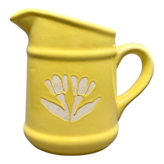 Vintage Yellow Ceramic Pitcher With Stylized Tulip Motif Art Pottery Pitcher For Sale