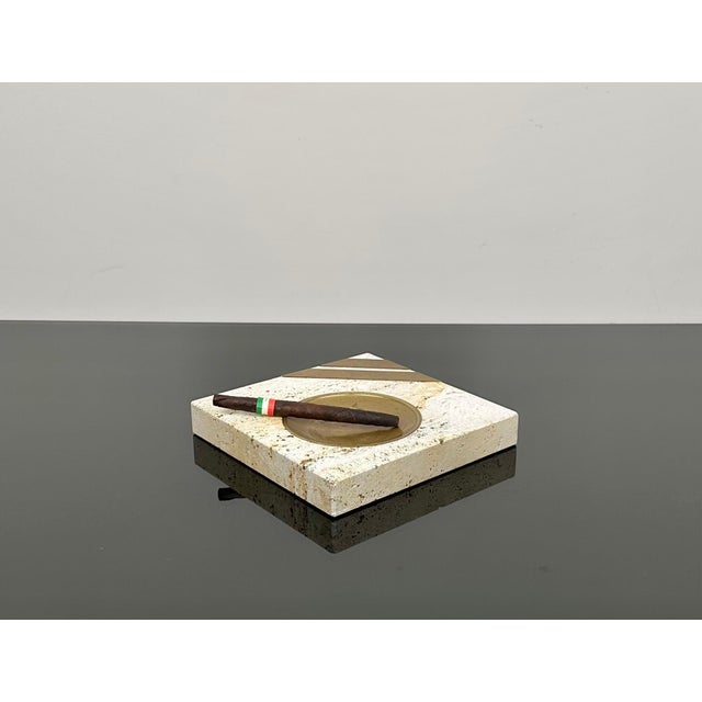Beige Squared Ashtray in Travertine and Brass attributed to Fratelli Mannelli, Italy, 1970s For Sale - Image 8 of 15
