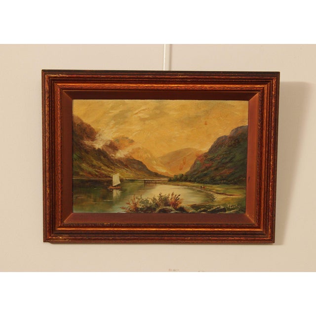 Quality Custom Framed Original Oil on Masonite Landscape Painting of Mountain Lake, Signed 'A. Cowley' Bottom Right