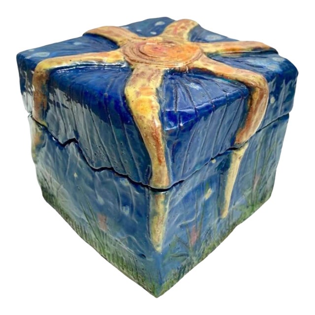 Hand Built Sculptural Blue Glazed Ceramic Box With Fitted Lid For Sale