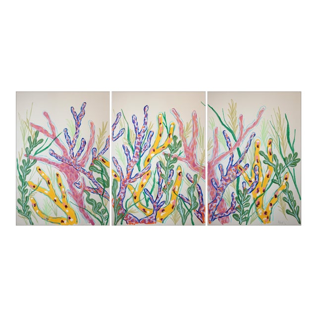 2026, Tropical Corals, Illustration Style Painting Triptych, Modern Seascape, Acrylic Paint on Watercolor Paper by Romina Milano For Sale