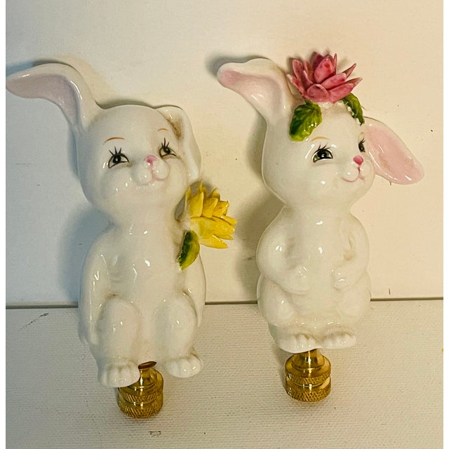 Shabby Chic 1970s Whimsical Porcelain Rabbit Pair Lamp Finials For Sale - Image 3 of 6