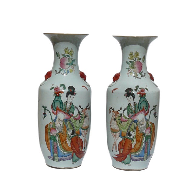 Pair Chinese Famille Rose People Graphic Tall Porcelain Art Vases For Sale - Image 4 of 8