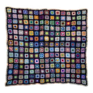 Colorful Vintage Crochet Granny Square Quilt For Sale