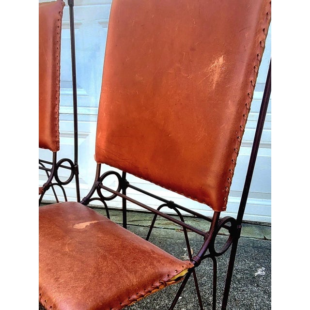 Late 20th Century Llana Goor Style Brutalist Hand-Tooled Iron and Leather Chairs - Set of 4 For Sale In Atlanta - Image 6 of 9