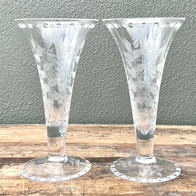 Transparent Vintage Etched Glass Trumpet Vases - A Pair For Sale - Image 8 of 12