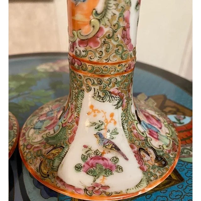 Ceramic Pair of Antique Rose Medallion Candlesticks, Circa 1860 For Sale - Image 7 of 12