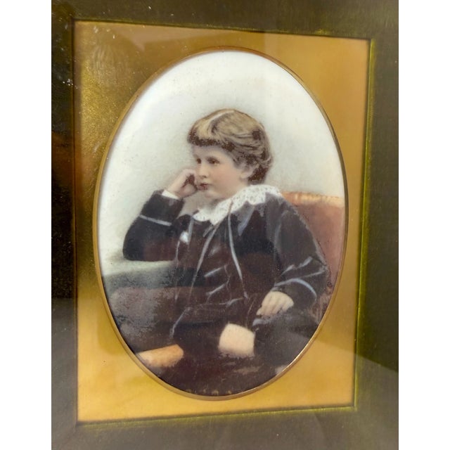 Black Antique 19th Century Original Miniature Young Boy Painting on Porcelain Portrait For Sale - Image 8 of 11