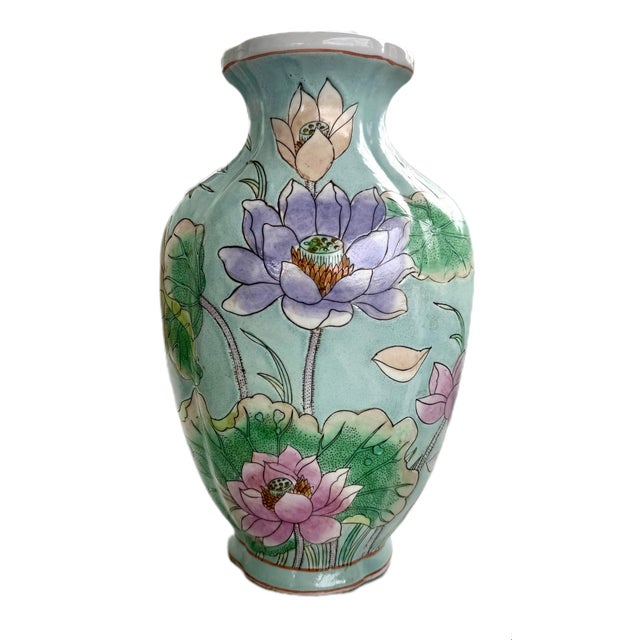 Vintage Late 20th Century Pastel Waterlily Chinoiserie Vase For Sale - Image 4 of 10