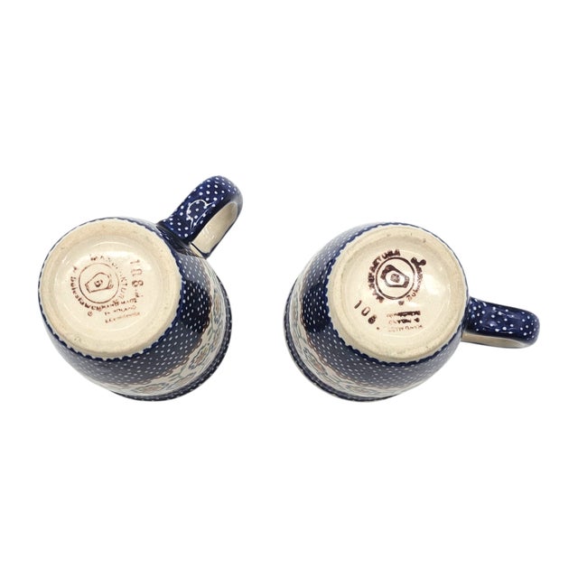 Polish Boleslawiec Pottery Yellow Blue Flowers Coffee Tea Cup Mug 5" For Sale - Image 10 of 10