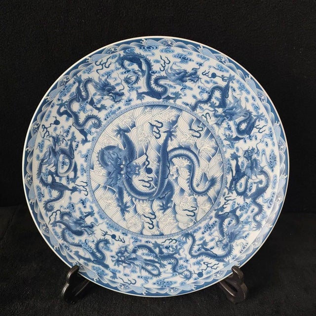 Chinese Ceramic Plate,Qianlong Marked Blue and White Porcelain Plate Hand Painted Dragon Pattern For Sale In Seattle - Image 6 of 11