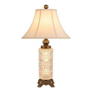 Vintage French Neoclassical Illuminated Crystal Table Lamp With Cream Bell Shade For Sale