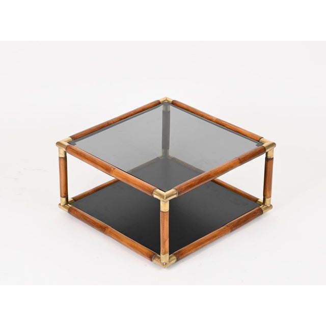 Bamboo, Brass and Smoked Glass Coffee Table in the style of Gabriella Crespi, Italy, 1970s For Sale - Image 9 of 14