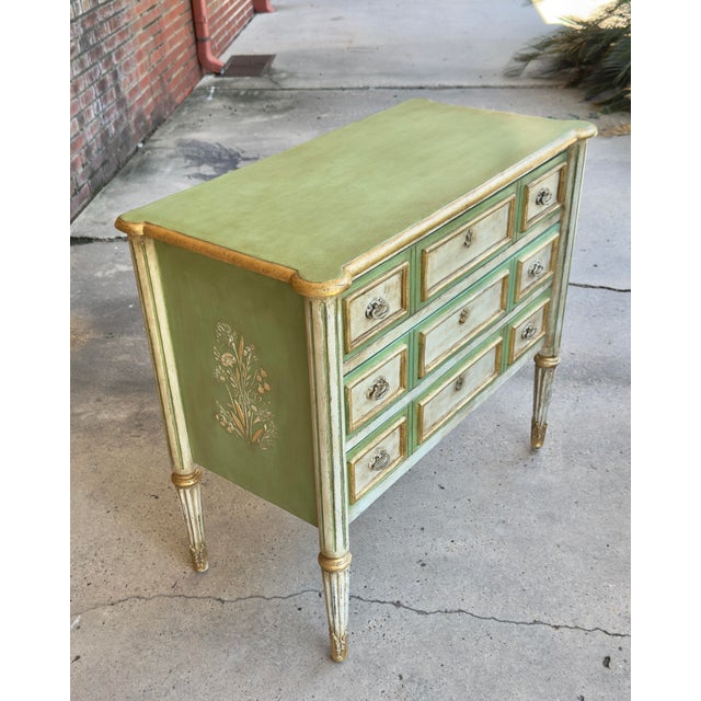 "The Grace" Vintage Swedish Gustavian Louis XVI Style Chest of Drawers - Three Drawer Piece in Soft Green and Cream - Newly Painted For Sale - Image 11 of 15