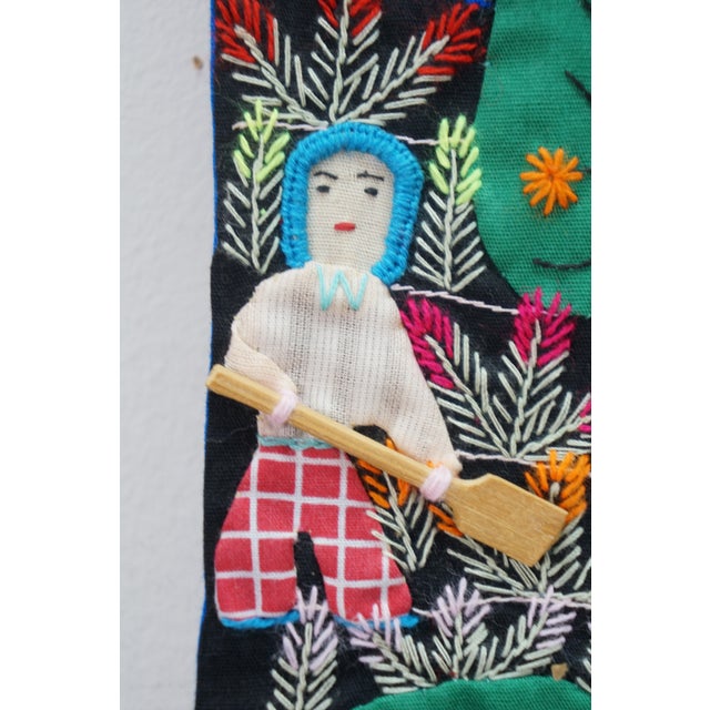 Green Colombian Arpillera Folk Art Village Farm Animal Scene Textile Tapestry 28" For Sale - Image 8 of 15