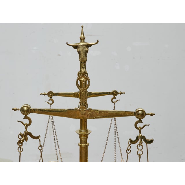 Brass Large 19th Century English Brass Scale With Weights and Bull Finial For Sale - Image 8 of 16