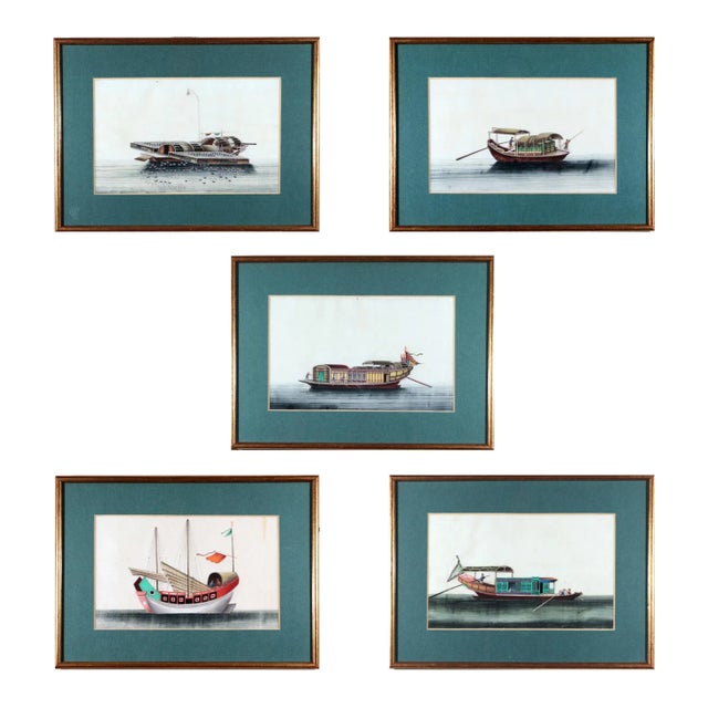 Set of Five 19th Century China Trade Watercolors of Junks on Pith Paper For Sale - Image 12 of 12