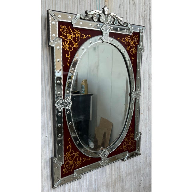1880-1900 Venetian Mirror with Pediment Garnet Glass Adorned with Flowers For Sale - Image 17 of 18