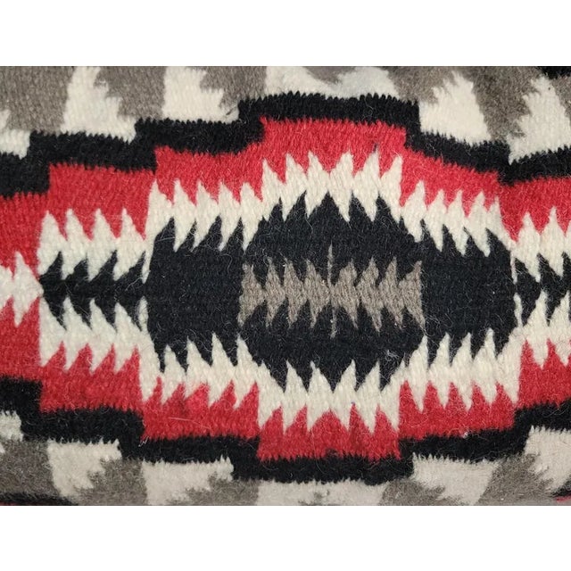 Amazing large Mexican Indian weaving bolster pillow with black linen backing.This bolster pillow is down & feather fill.