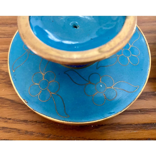 Metal Vintage Blue Cloisonne Candlesticks - a Pair For Sale - Image 7 of 9